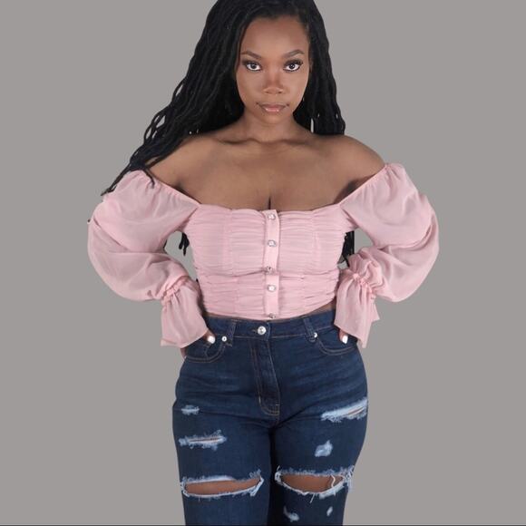 NWT Parisian Off Shoulder Ruched Sheer Top Womens 10 Pink Romantic Coquette - Picture 3 of 7